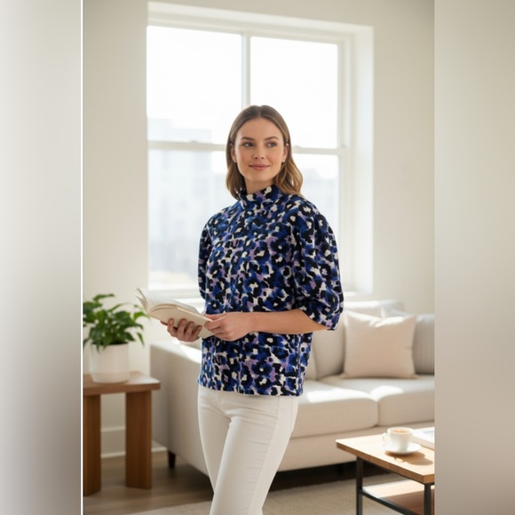 ESSENTIEL ANTWERP Blue Leopard Print Puff Sleeve Top - Picture 5 of 16